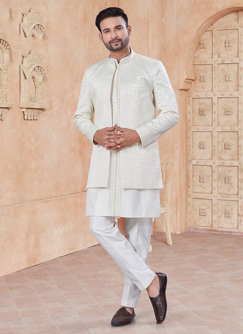 White Raw Silk Embroidered Sequins Jacket Style Indowestern Sherwani   Wedding Wear