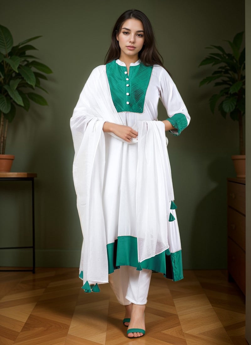 White Rayon A Line Straight Pant Suit