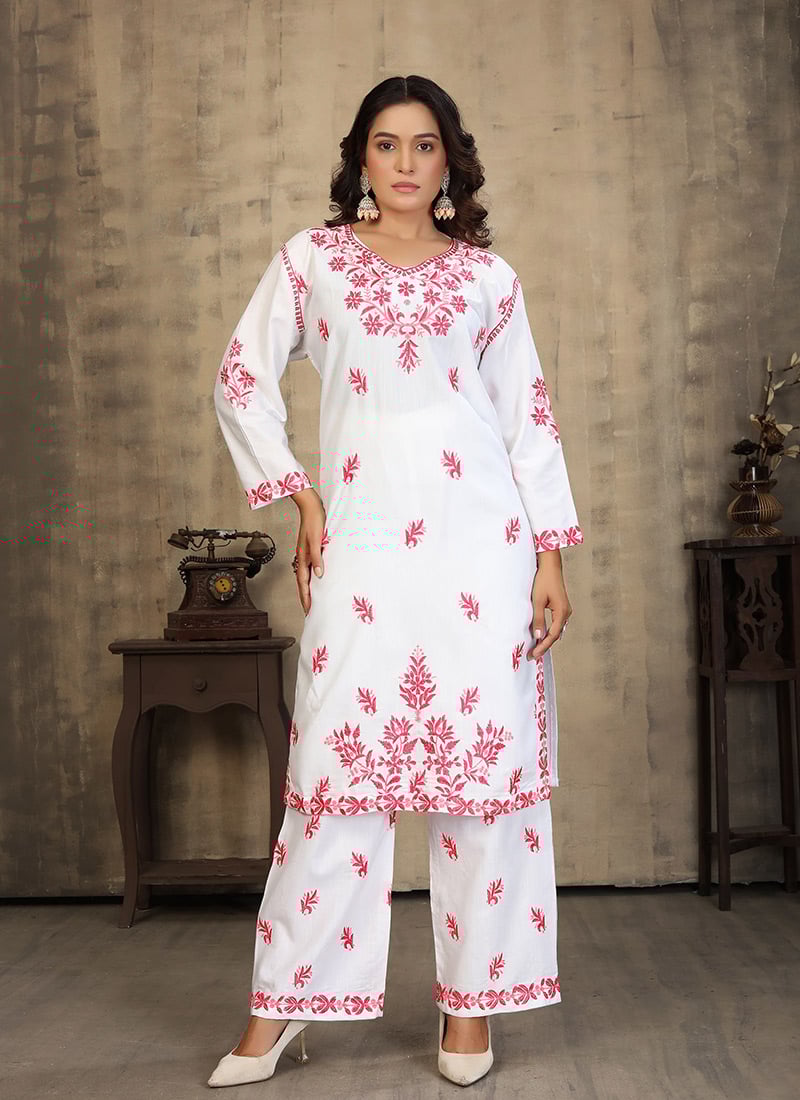 White Rayon Chikankari Embroidered Kurta Palazzo Set