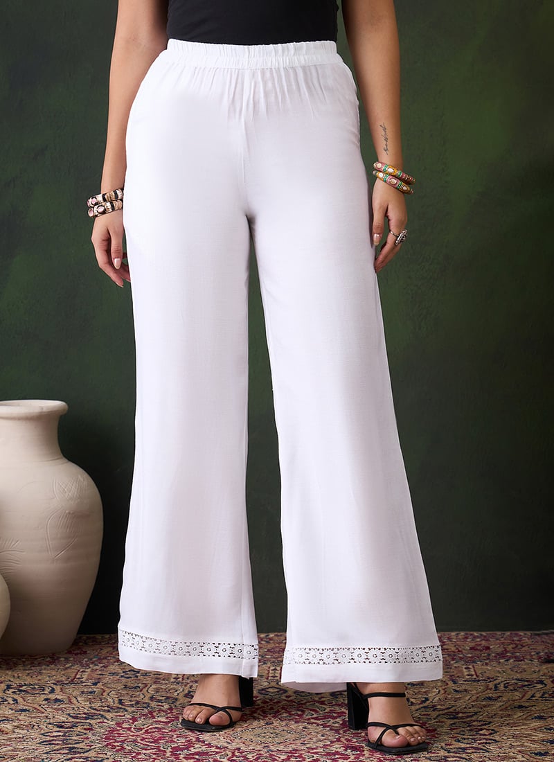 White Rayon Chikankari Palazzo Pant After Six Wear