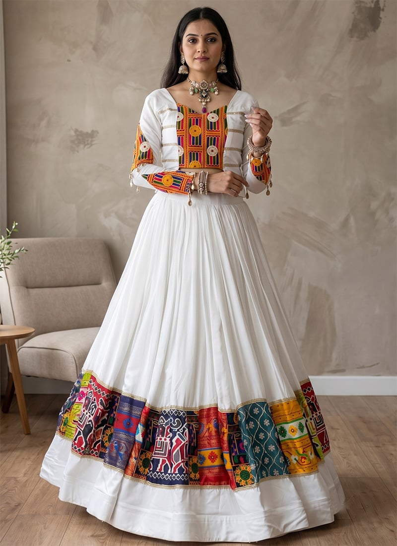 White Rayon Cotton Embroidered Mirror Work Navratri Indowestern With Attached Jacket Festive Wear