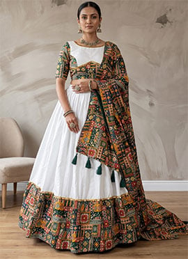 White Rayon Cotton Mirror Work Embroidered Chaniya Choli For Garba Festive Wear