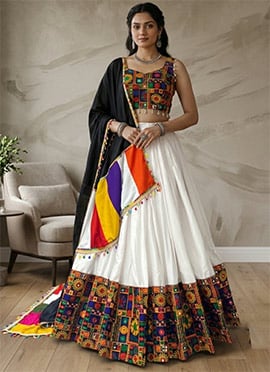 White Rayon Cotton Mirror Work Chaniya Choli Gujarati Heritage For Garba