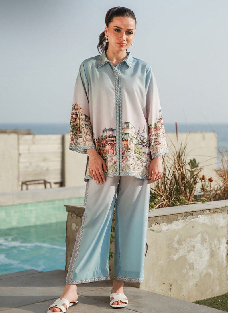 White Rayon Digital Print Indowestern Co ord Set After Six Wear