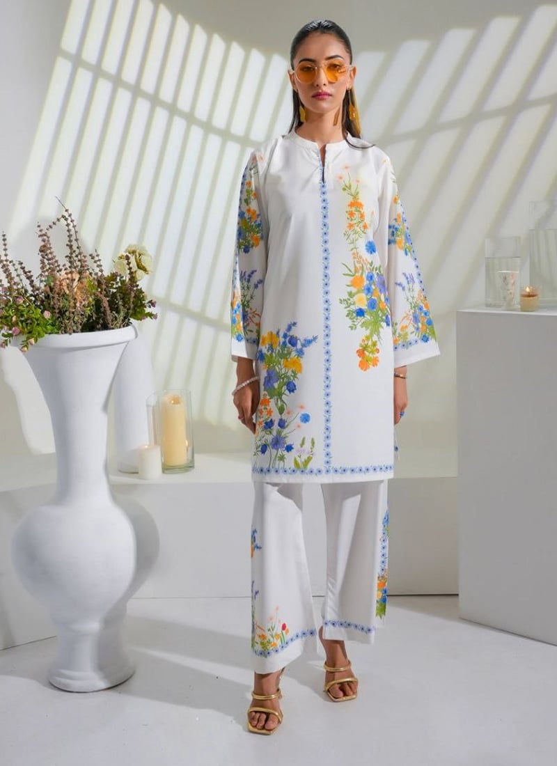 White Rayon Digital Print Indowestern Co ord Set After Six Wear