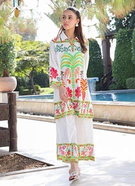White Rayon Digital Print Indowestern Co ord Set