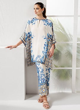White Rayon Digital Print Indowestern Co ord Set