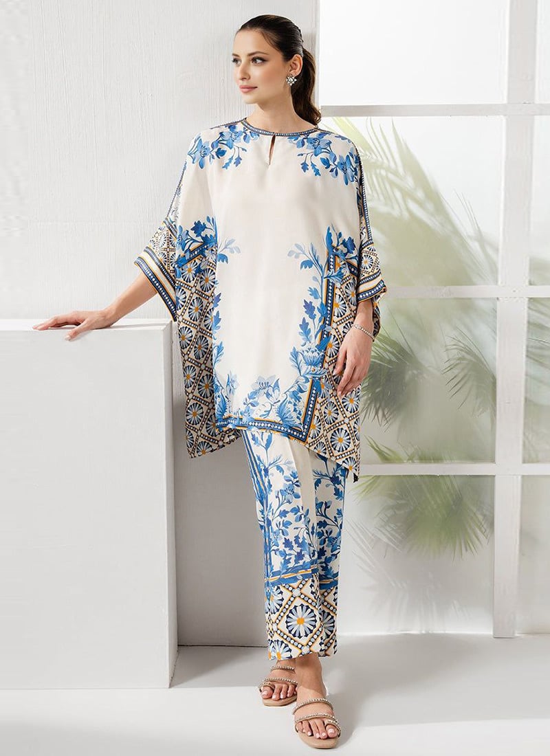 White Rayon Digital Print Indowestern Co ord Set After Six Wear