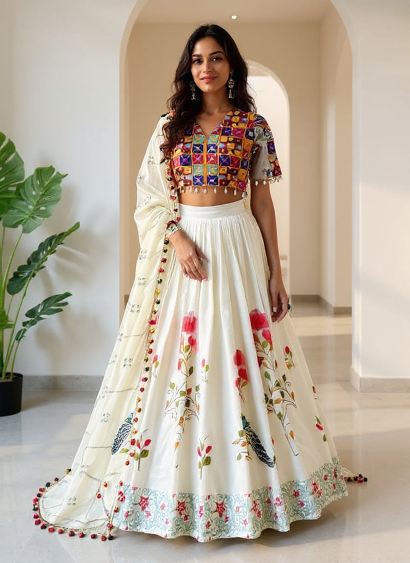 White Rayon Digital Print Kutch Mirror Work Chaniya Choli Festive Wear