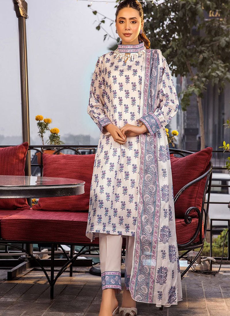 White Rayon Digital Print Straight Pant Suit After Six Wear
