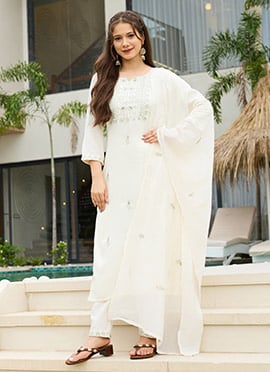 White Rayon Embroidered Sequins Straight Pant Suit