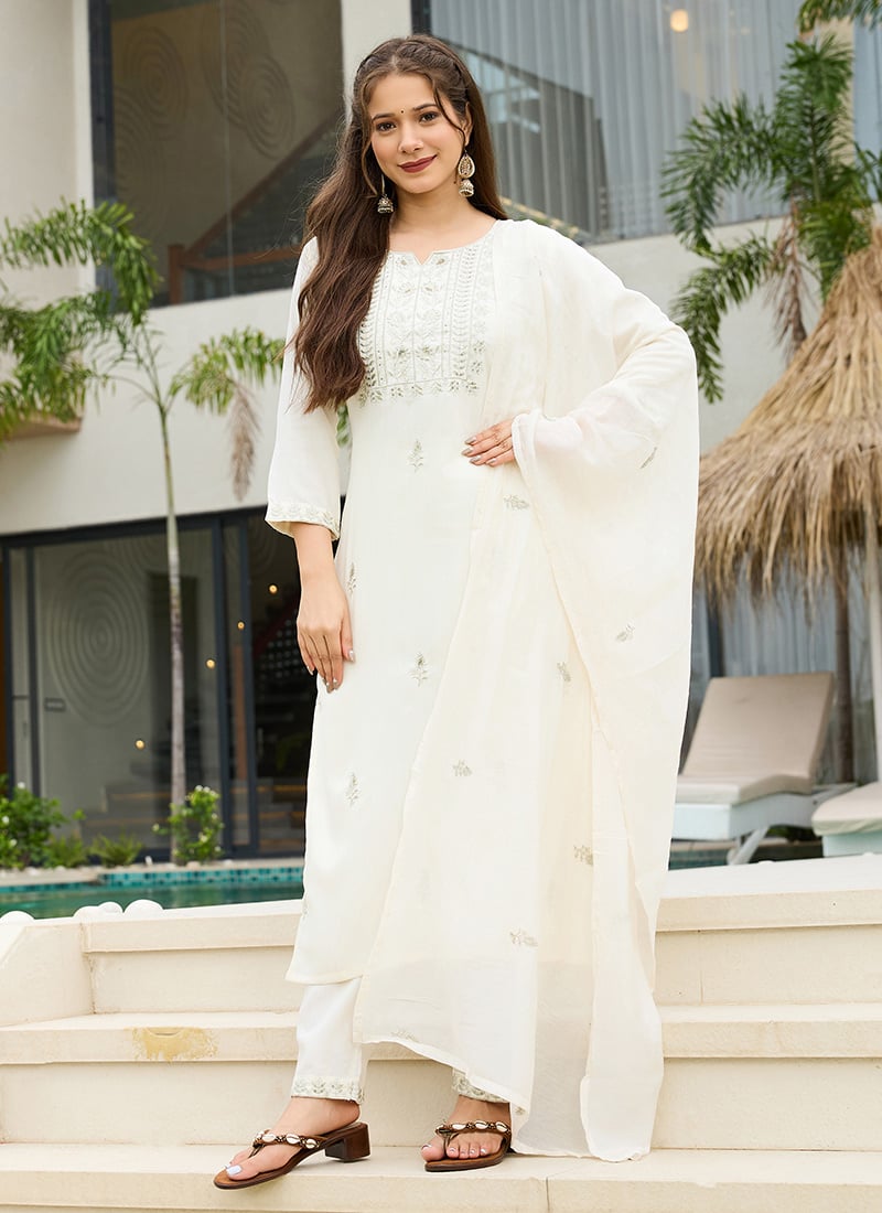 White Rayon Embroidered Sequins Straight Pant Suit Festive Wear