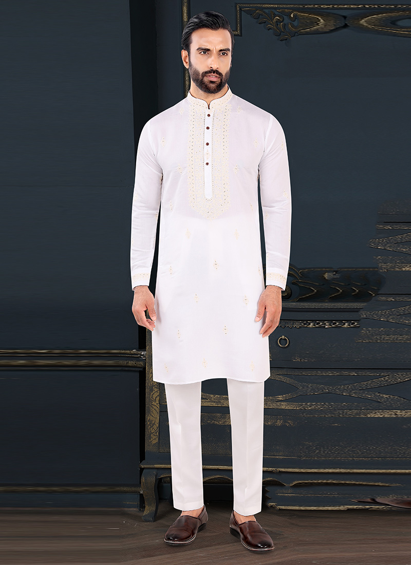 White Rayon Embroidered Sequins Thread Kurta Pyjama   Festive Wear