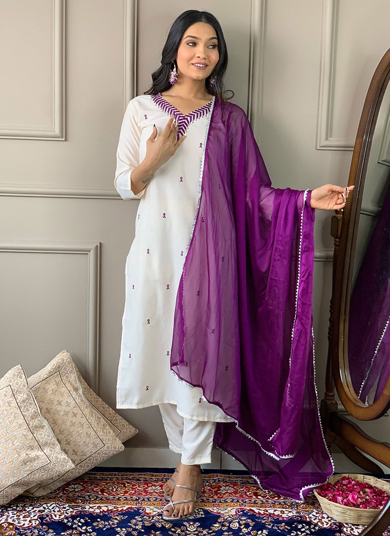 White Rayon Embroidered Straight Pant Suit After Six Wear