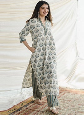 White Rayon Floral Digital Print Kurta Palazzo Set