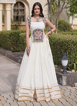 White Rayon Gamthi Mirror Work Indo Western Navratri Skirt Set