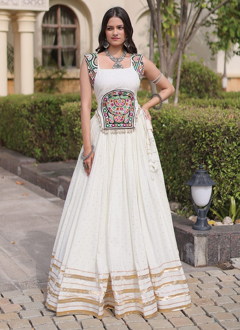 White Rayon Gamthi Mirror Work Indo Western Navratri Skirt Set Festive Wear