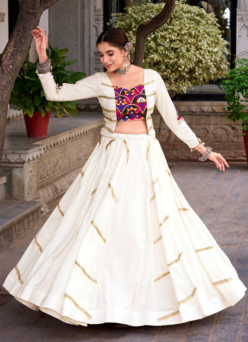White Rayon Gota Kutch Work Skirt Set Festive Wear