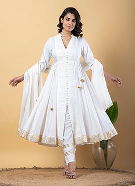 White Rayon Gota Lace Work Anarkali Suit