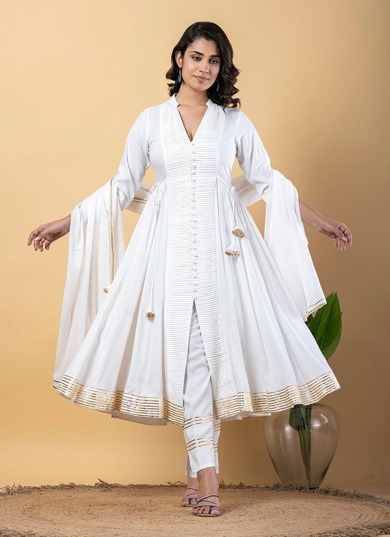 White Rayon Gota Lace Work Anarkali Suit After Six Wear