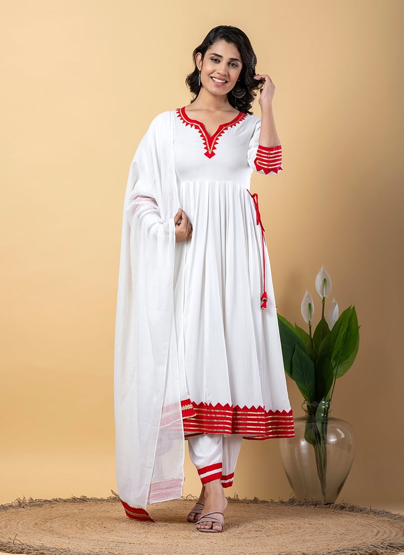 White Rayon Gota Patti Lace Work Anarkali Suit After Six Wear