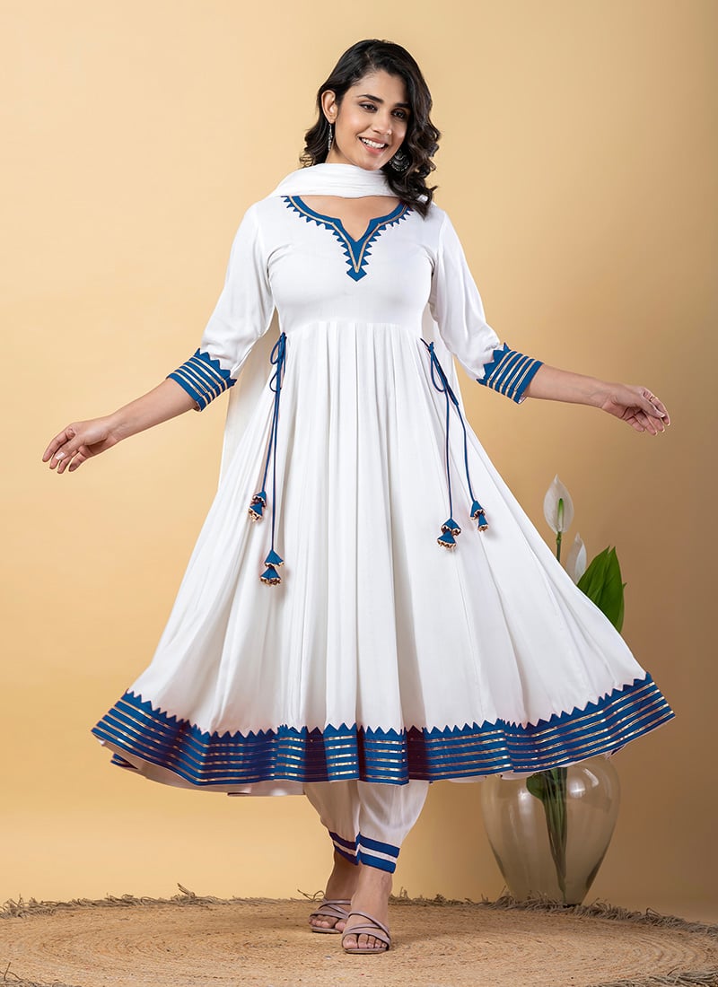White Rayon Gota Patti Lace Work Anarkali Suit After Six Wear