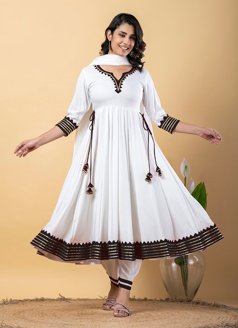 White Rayon Gota Patti Lace Work Anarkali Suit After Six Wear