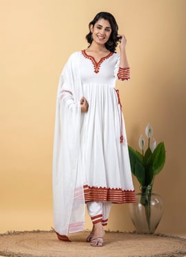 White Rayon Gota Patti Lace Work Anarkali Suit