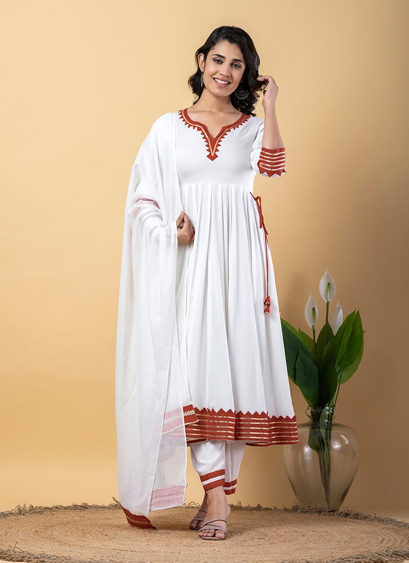 White Rayon Gota Patti Lace Work Anarkali Suit After Six Wear