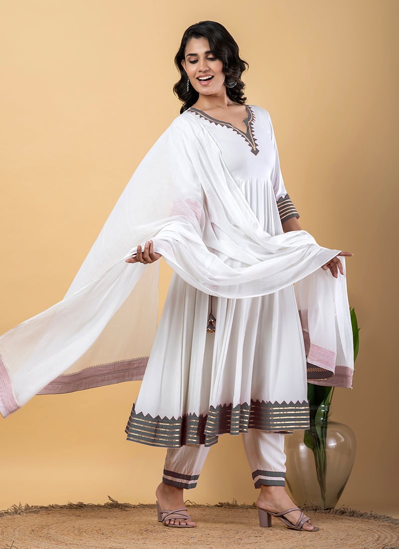 White Rayon Gota Patti Lace Work Anarkali Suit After Six Wear