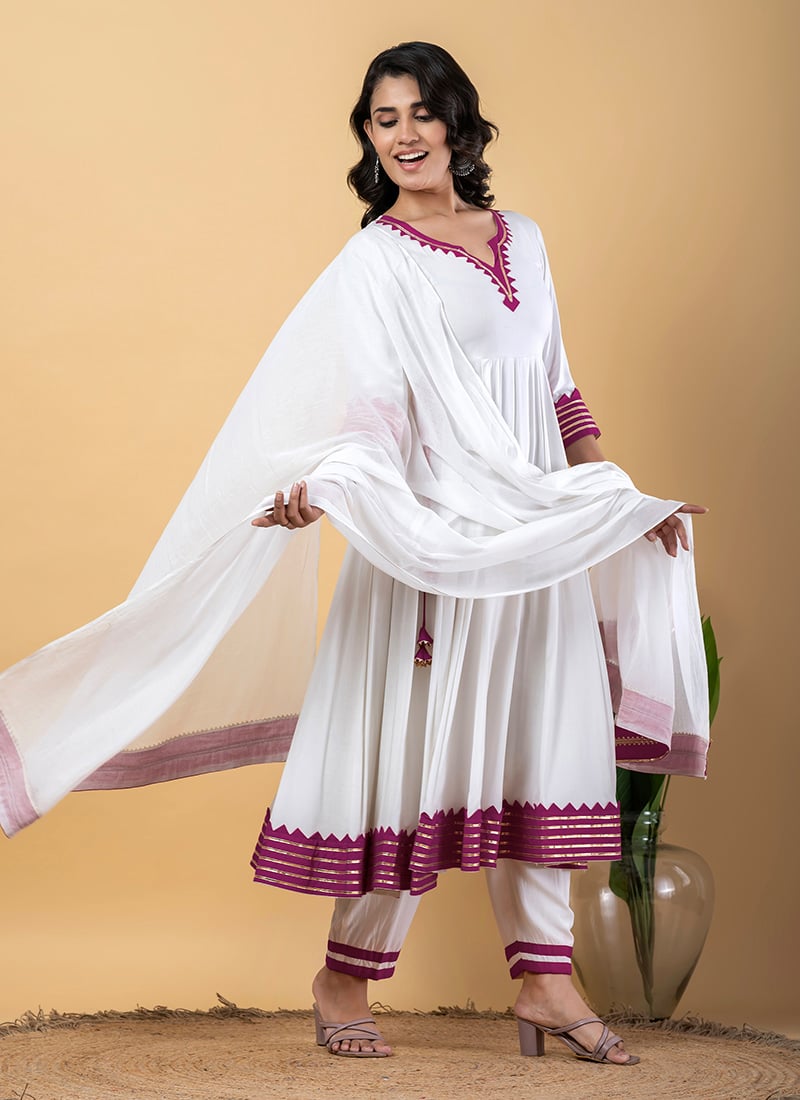 White Rayon Gota Patti Lace Work Anarkali Suit After Six Wear