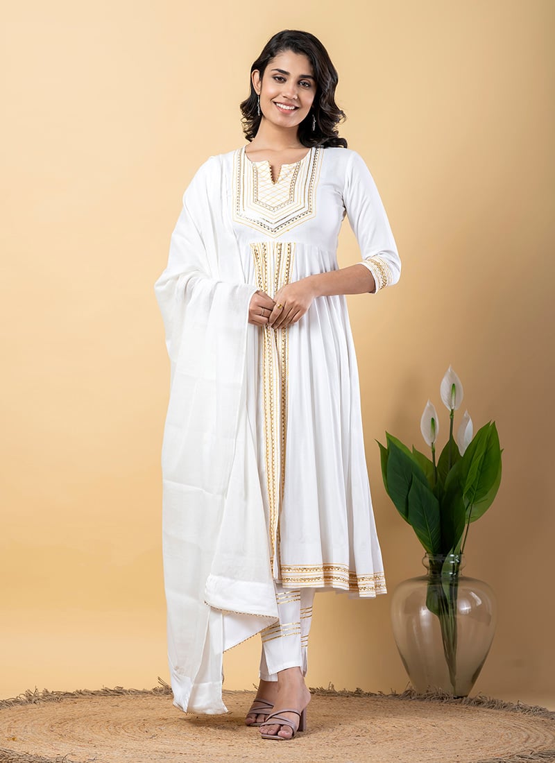 White Rayon Gota Patti Thread Anarkali Suit After Six Wear