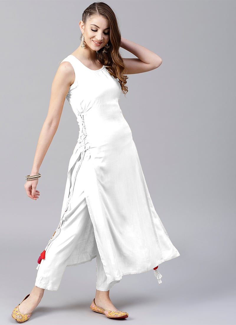 White Rayon Kurta Straight Pant Set Work Wear
