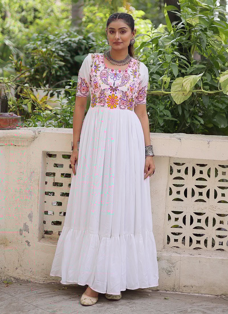 White Rayon Kutch Work Anarkali Gown Festive Wear