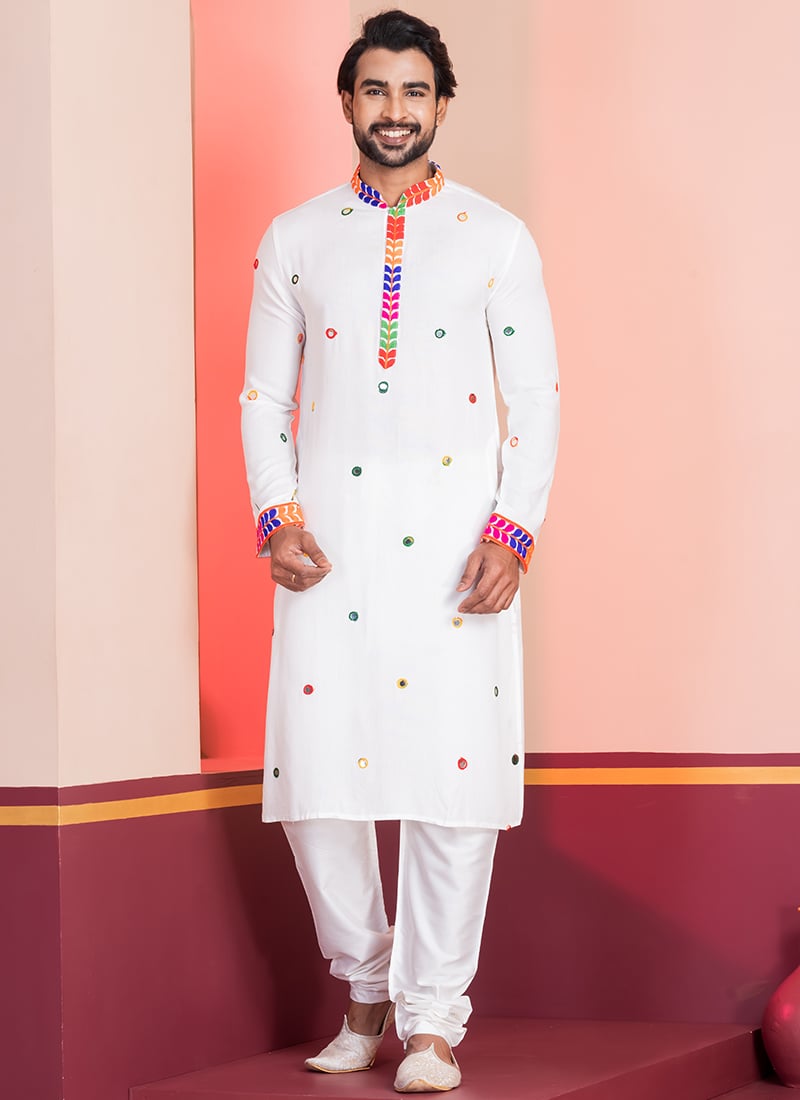 White Rayon Kutch Work Kurta Pyjama Festive Wear