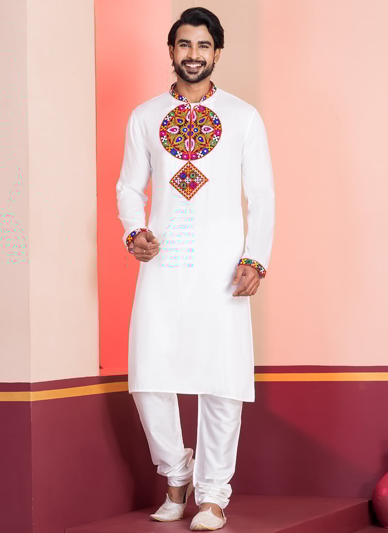 White Rayon Kutch Work Kurta Pyjama Festive Wear