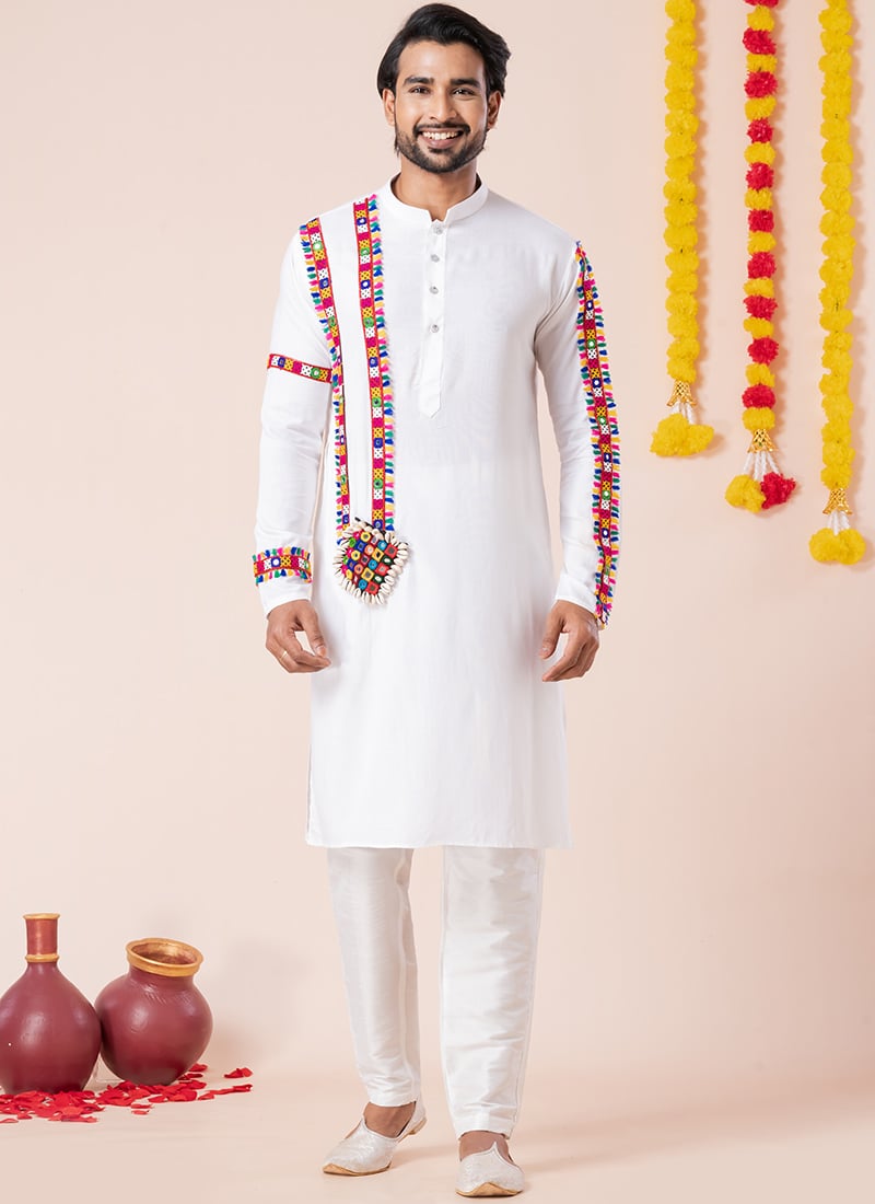 White Rayon Kutch Work Kurta Pyjama Festive Wear
