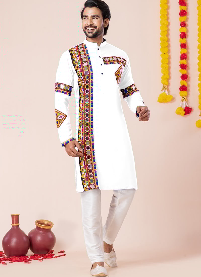 White Rayon Kutch Work Kurta Pyjama Festive Wear