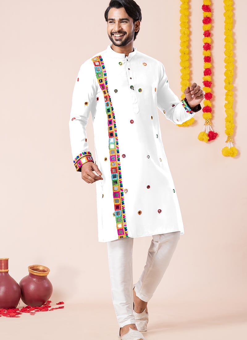 White Rayon Kutch Work Kurta Pyjama Festive Wear