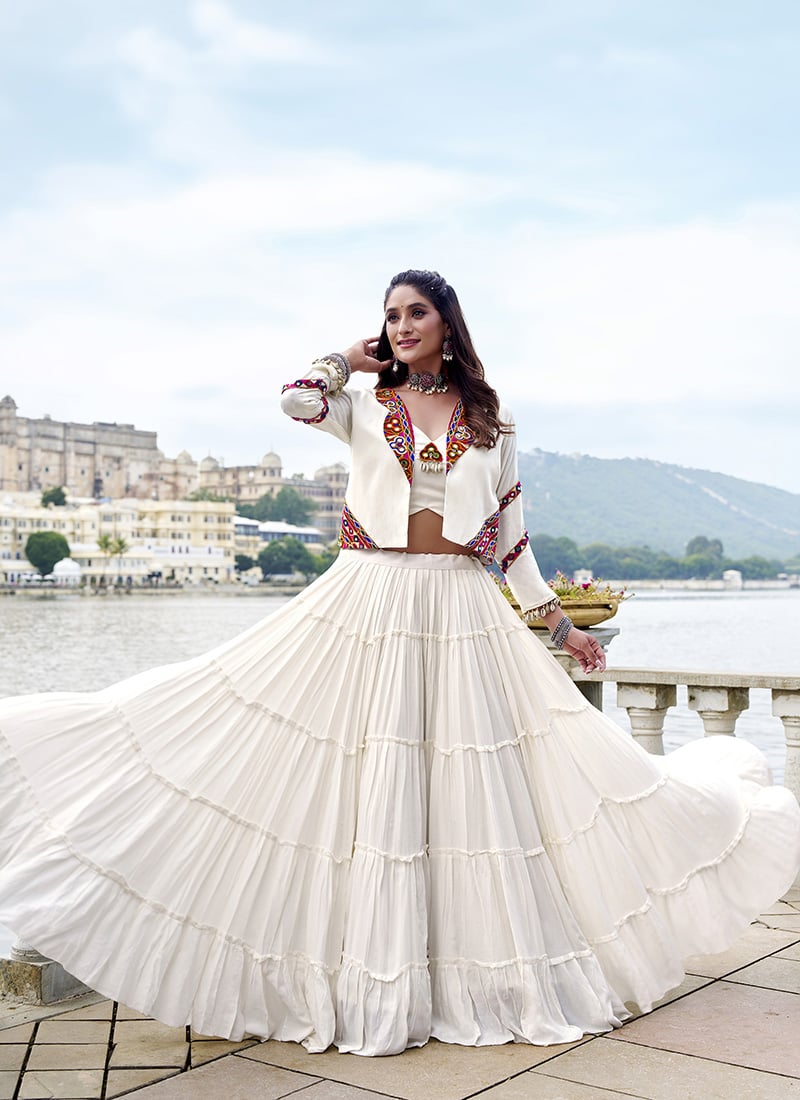 White Rayon Mirror Kutch Work Indowestern Jacket Skirt Set Festive Wear