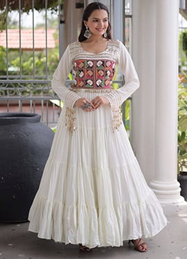 White Rayon Mirror Work Kutchi Gamthi Garba Navratri Dress