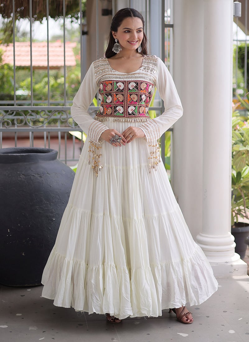White Rayon Mirror Work Kutchi Gamthi Garba Navratri Dress Festive Wear