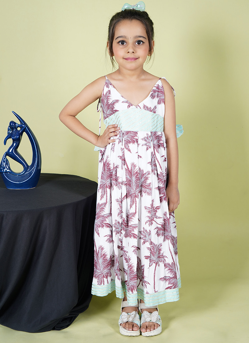 White Rayon Printed Kids Girls A Line Dress