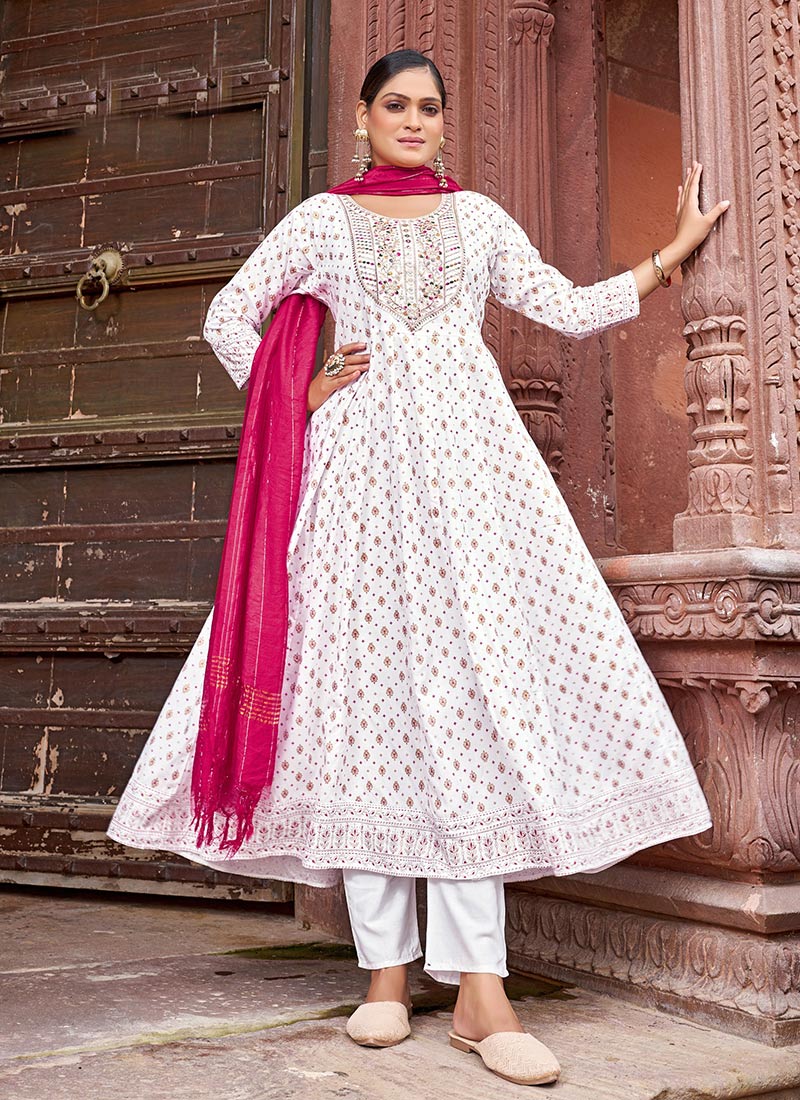 White Rayon Sequins Embroidered And Foil Print Anarkali Suit After Six Wear