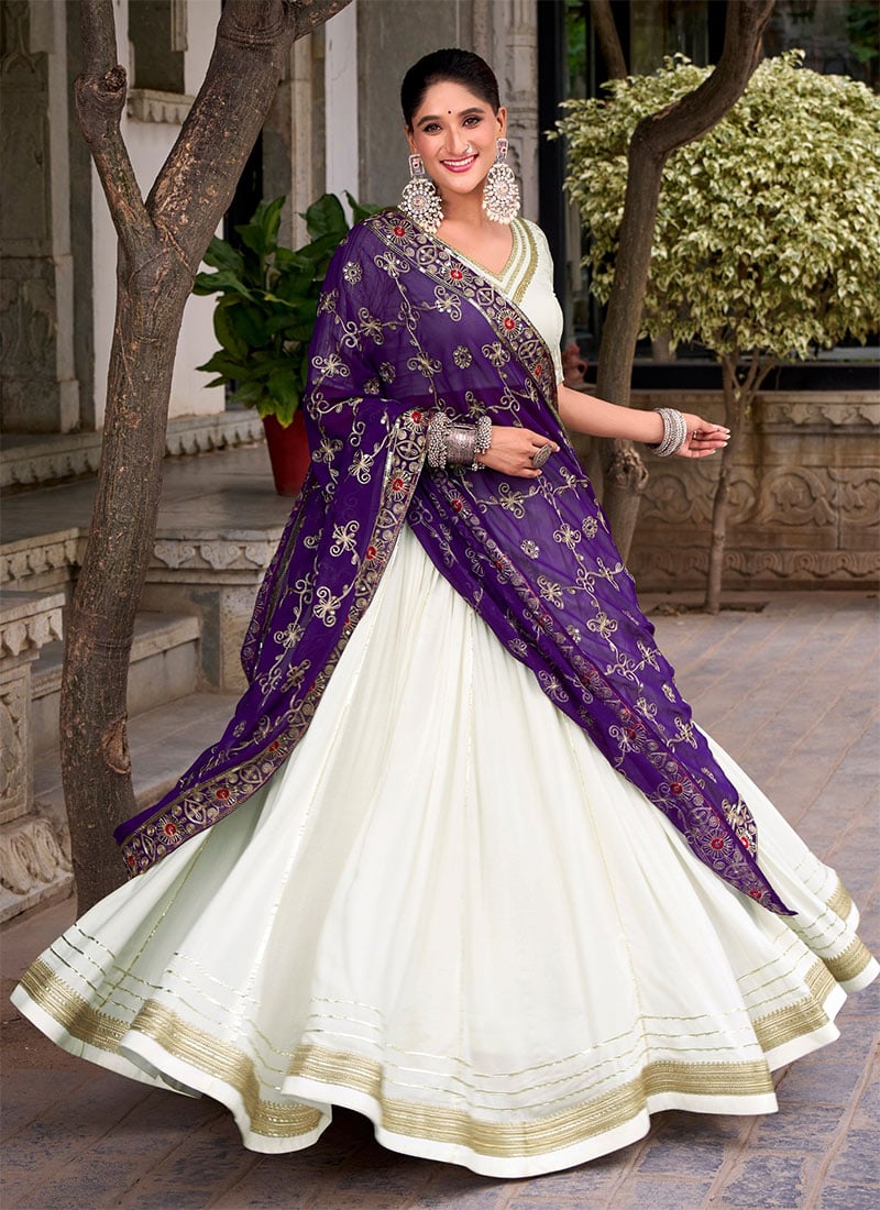 White Rayon Sequins Gota Embroidered Lehenga Festive Wear