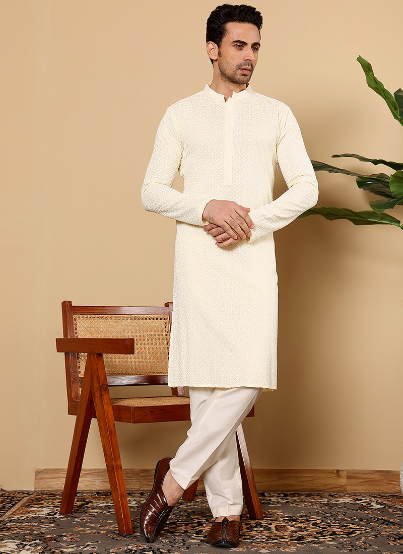 White Rayon Silk Chikankari Embroidered Kurta Pyjama Festive Wear