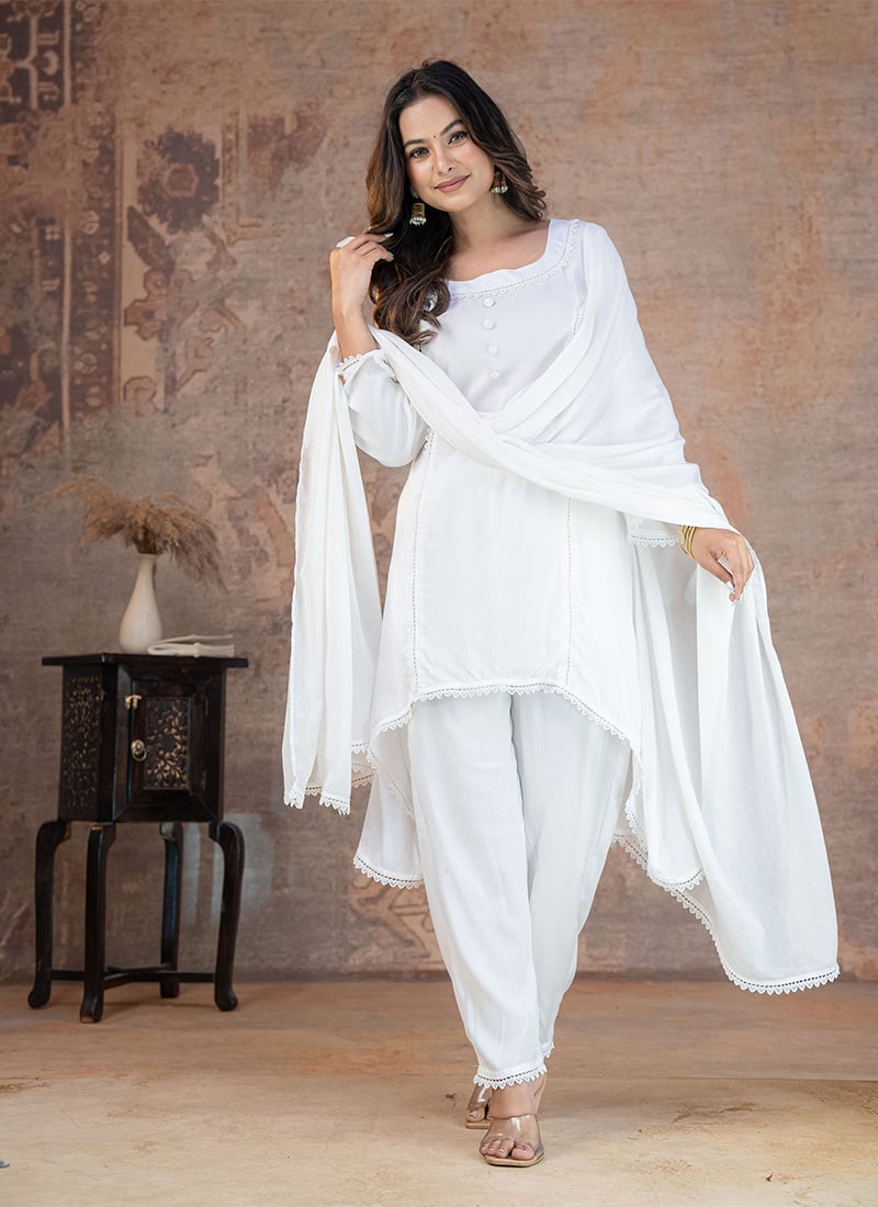 White Rayon Straight Pant Suit After Six Wear