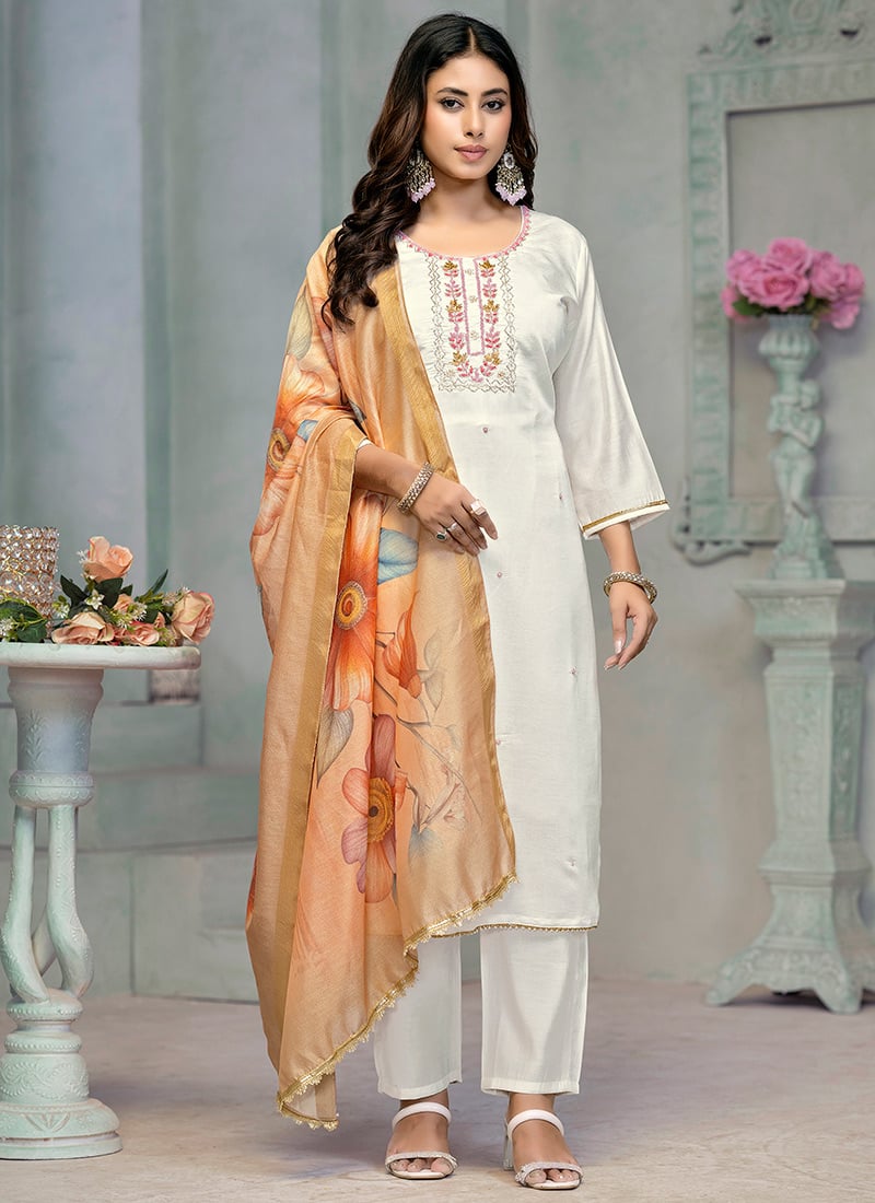 White Roman Cotton Embroidered Straight Pant Suit With Digital Print Dupatta