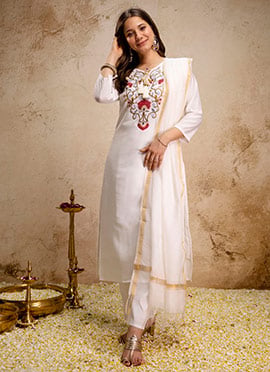 White Roman Embroidered Straight Pant Suit