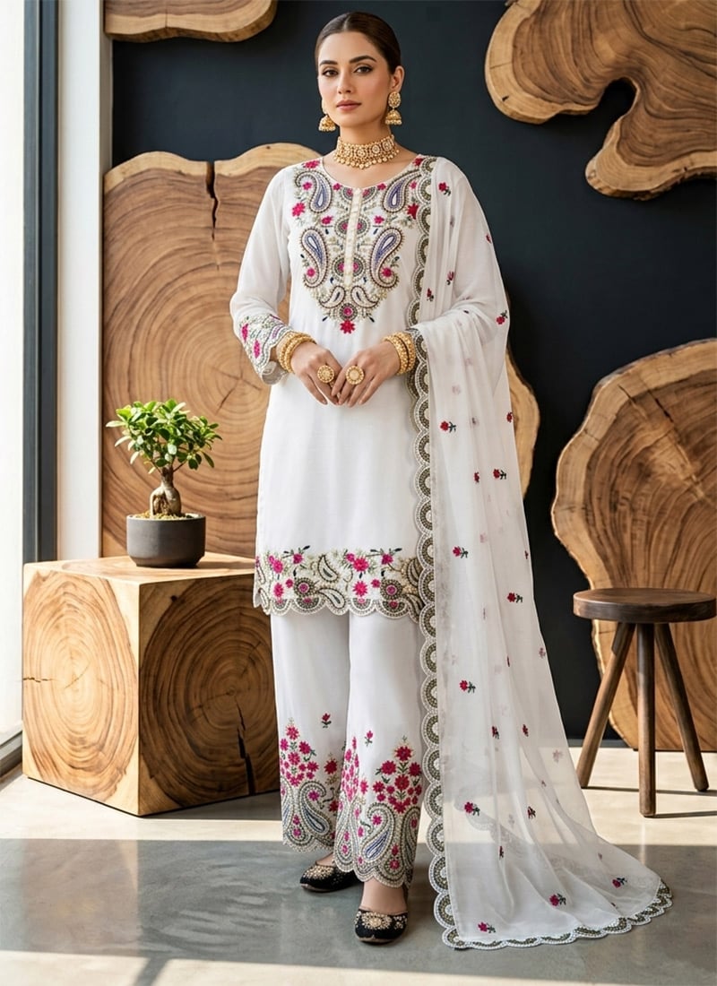 White Roman Silk Embroidered Palazzo Suit Festive Wear
